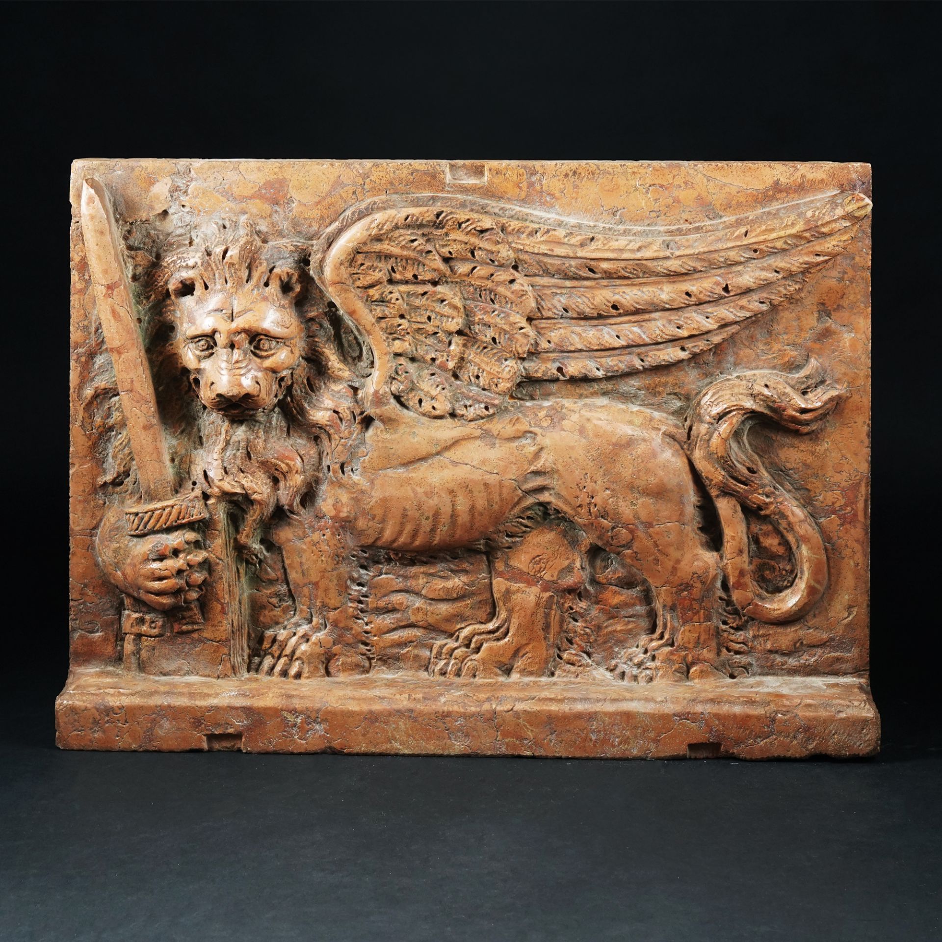 A rosso di Verona marble high-relief with the lion of Venice