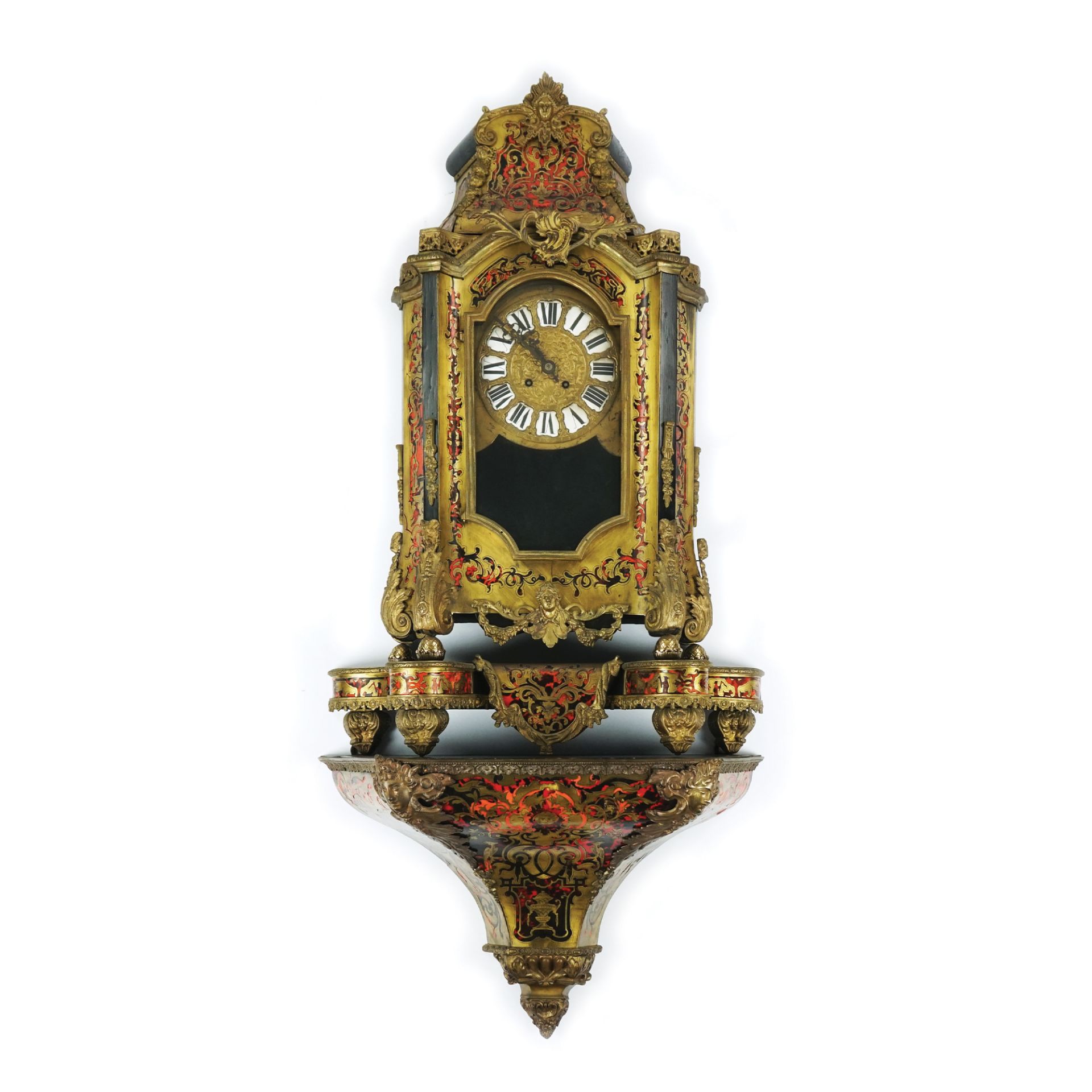 A French gilt metal inlaid ebonized and tortoiseshell spotted motif wood wall mantel clock