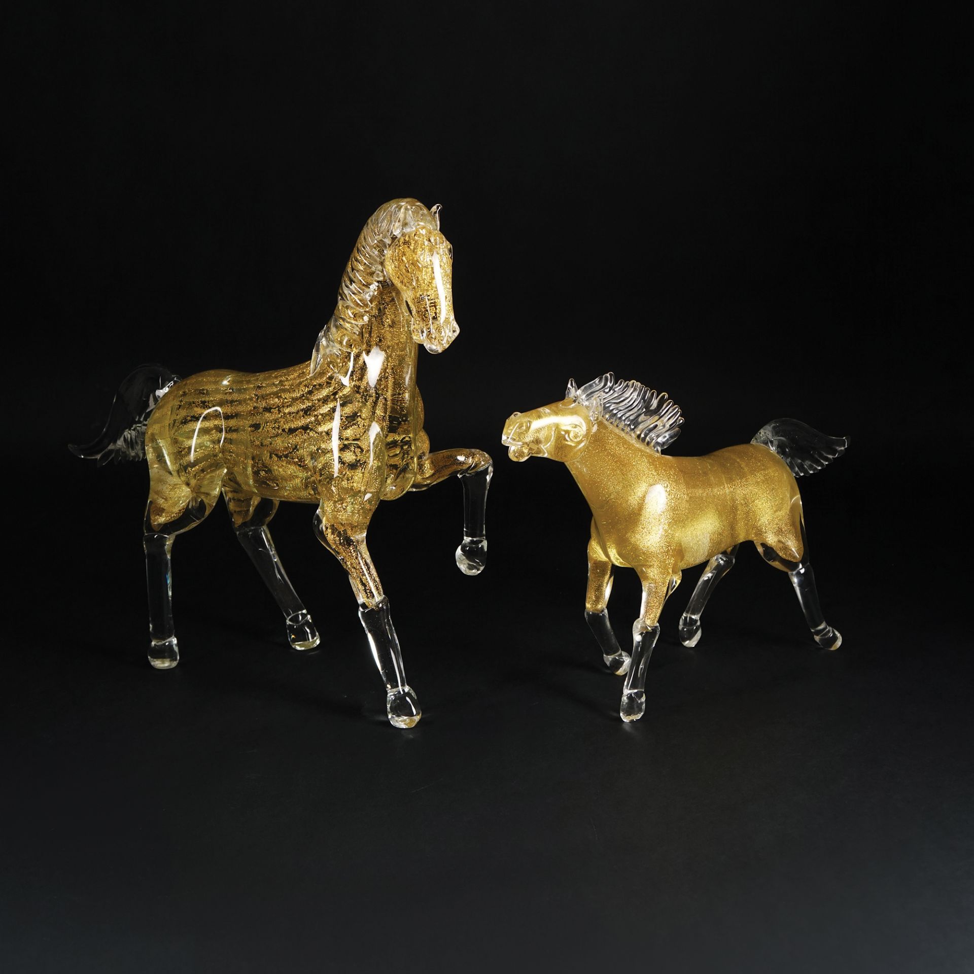 2 Murano partially gilt pulegoso glass figures of an horse