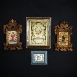 A framed perfored paper canivet TOGETHER WITH 3 holy pictures, 18th/19th century