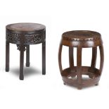A 19TH CENTURY CHINESE ROSEWOOD AND ROUGE MARBLE JARDINIERE STAND (3)