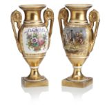 A PAIR OF FRENCH GILT PORCELAIN TWO-HANDLED VASES 19th century