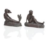 A PAIR OF 20TH CENTURY AMERICAN BRONZE FIGURES OF A SEATED BOY AND GIRL Kunst Foundry, Long Islan...