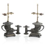 A PAIR OF REGENCY PATINATED BRONZE COLZA RHYTON OIL LAMPS The model by Thomas Messenger & Sons, ...
