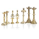 A PAIR OF LATE VICTORIAN BRASS ALTAR CANDLESTICKS (7)