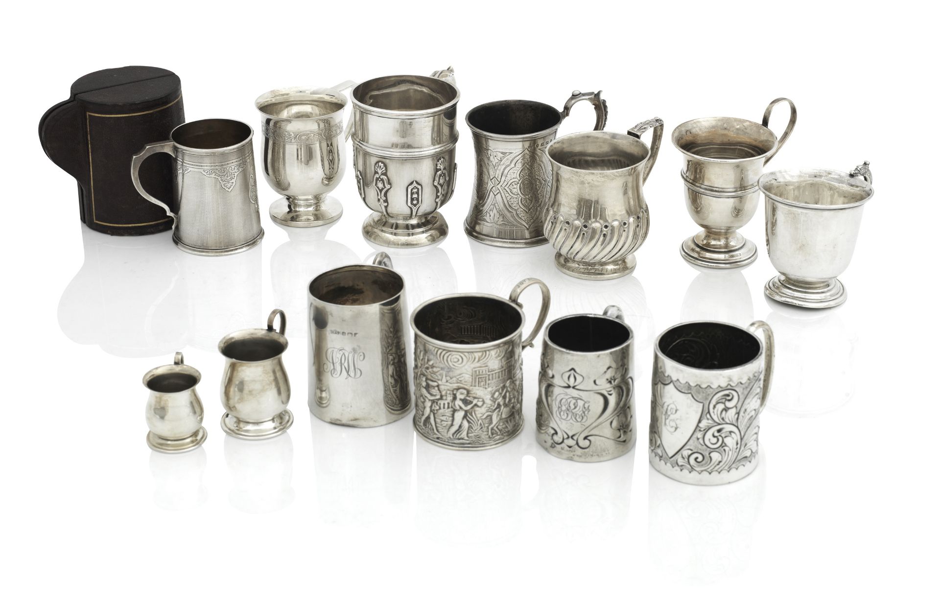 A COLLECTION OF THIRTEEN SILVER MUGS (13)