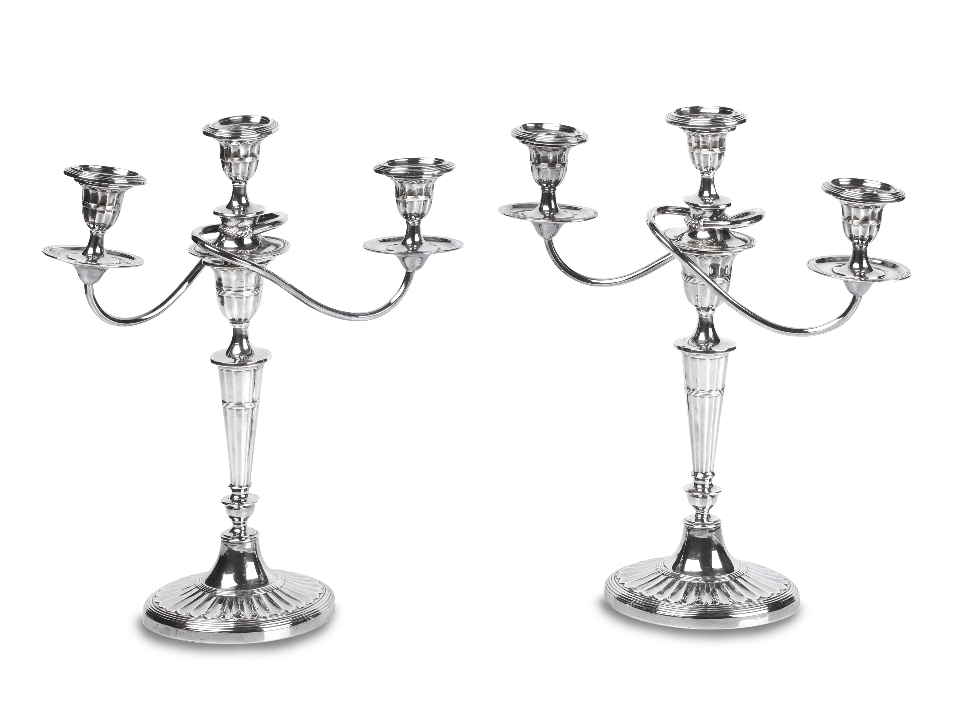 A PAIR OF GEORGE III STYLE SILVER PLATE THREE LIGHT CANDELABRA (2)