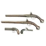 A PAIR OF EARLY 19TH CENTURY CONTINENTAL WALNUT FLINTLOCK SPORTING PISTOLS (4)