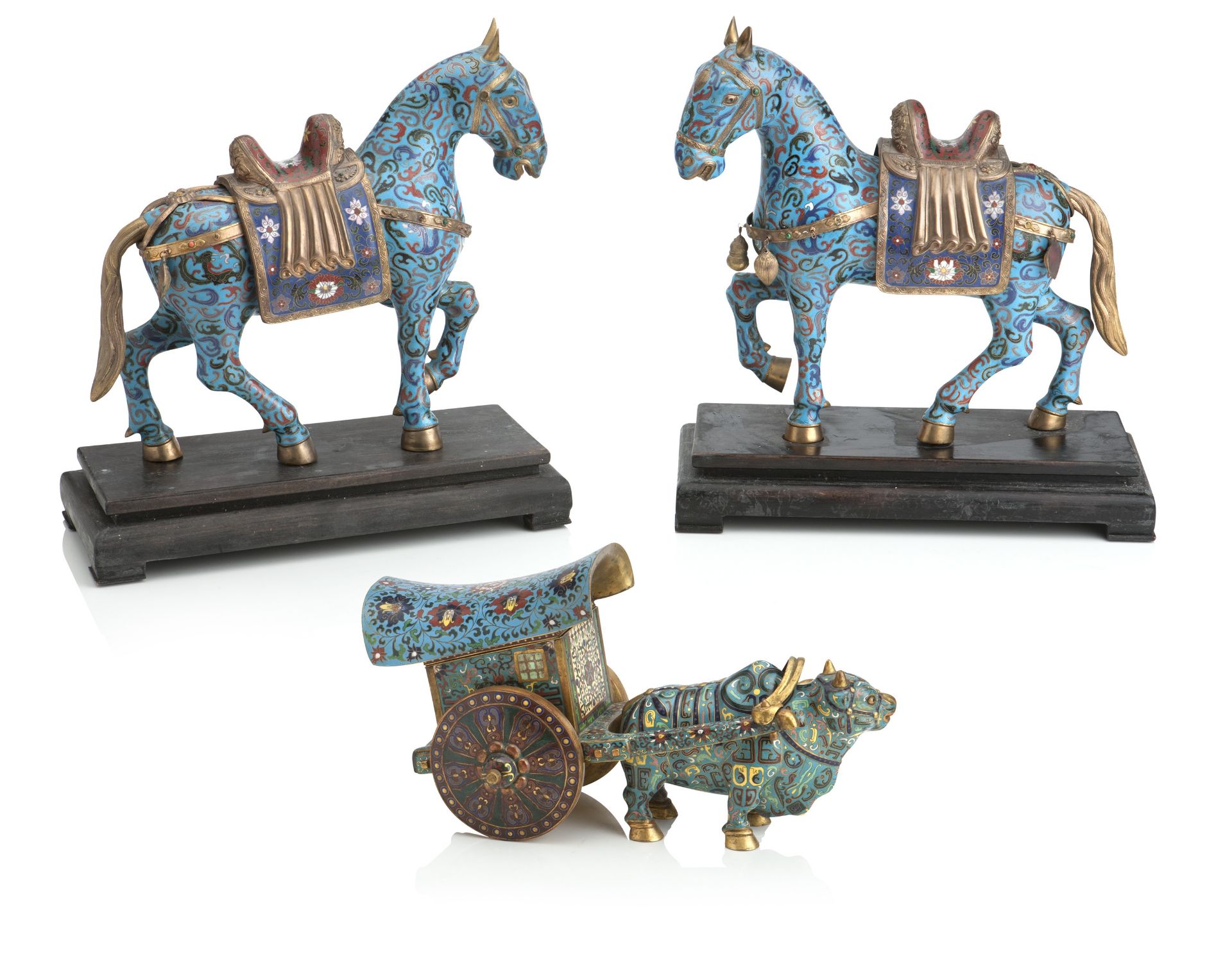 A PAIR OF CHINESE CLOISONNE FIGURES OF HORSES 20th century (3)