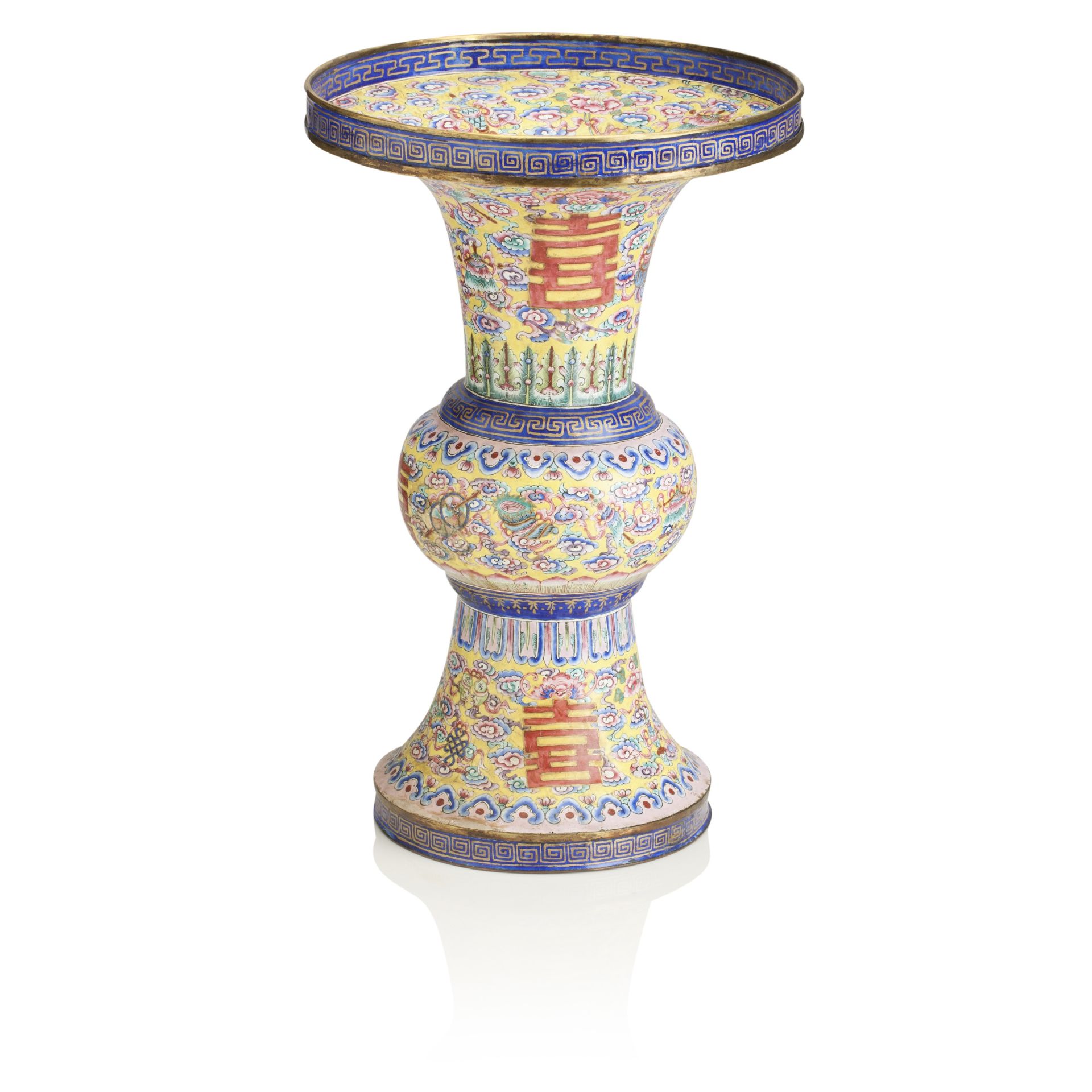 A CANTON ENAMEL FAMILLE JAUNE BEAKER VASE, GU 19th century