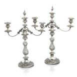 A PAIR OF VICTORIAN SHEFFIELD PLATE THREE-LIGHT CANDELBRA (2)