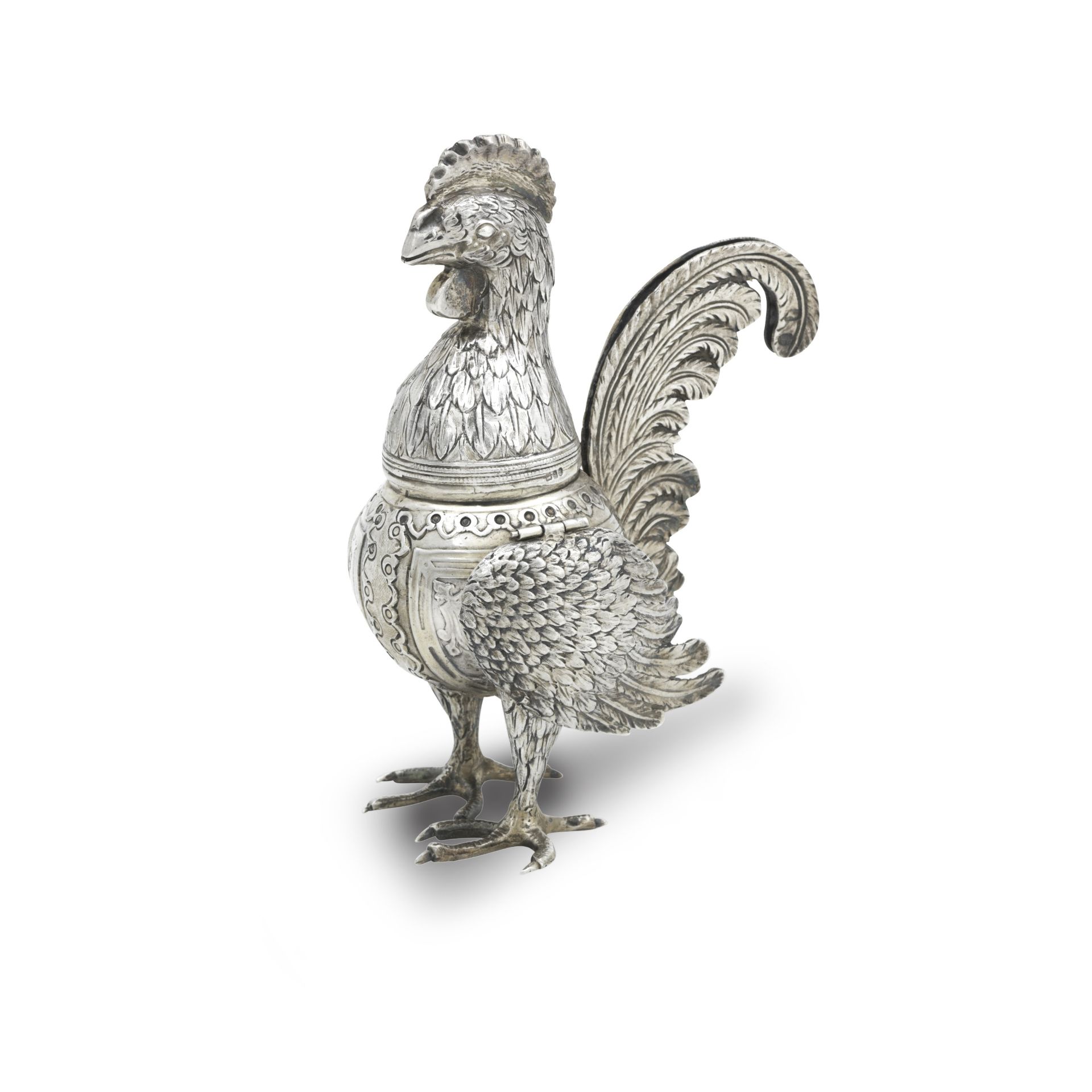 A CONTINENTAL SILVER COCKEREL POMMANDER With import marks for Bertold Muller, Chester 1899