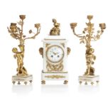 AN EARLY 20TH CENTURY FRENCH WHITE MARBLE AND GILT BRASS CLOCK GARNITURE 5