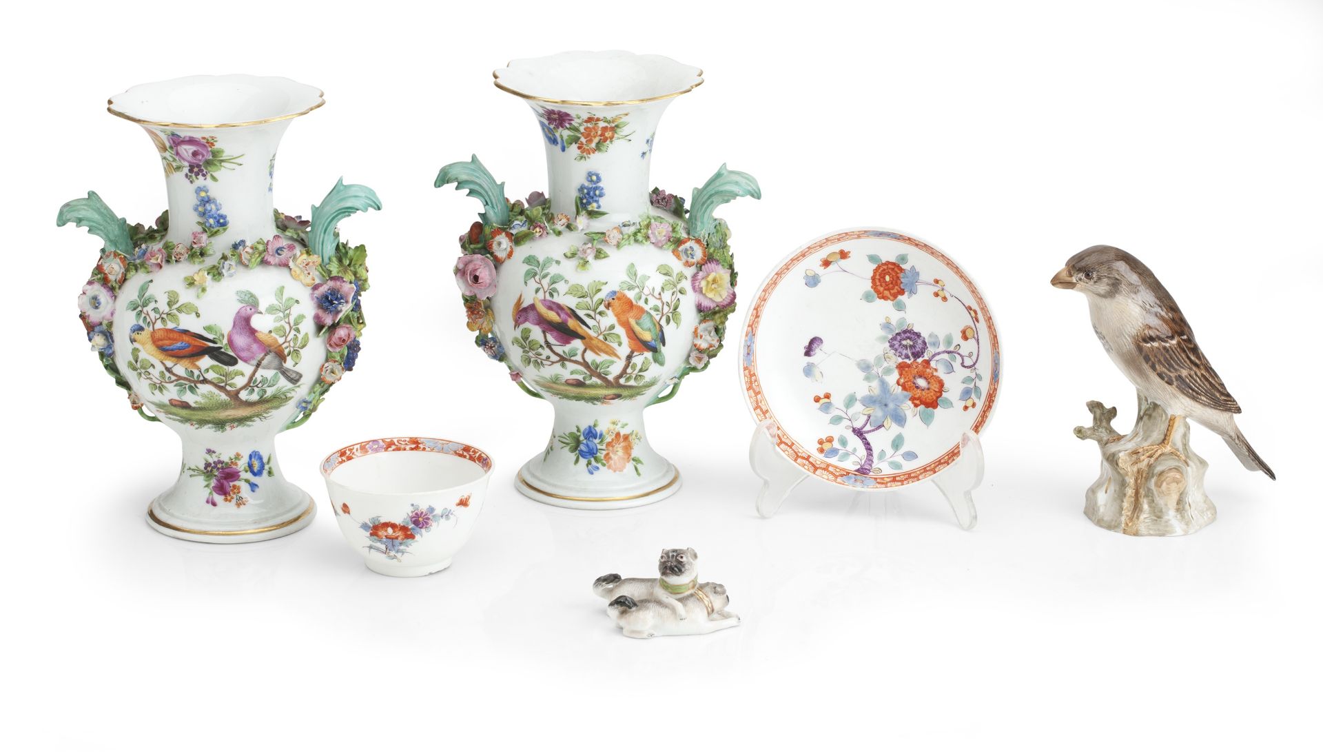 A PAIR OF MEISSEN FLORAL ENCRUSTED BALUSTER VASES Mid-19th century