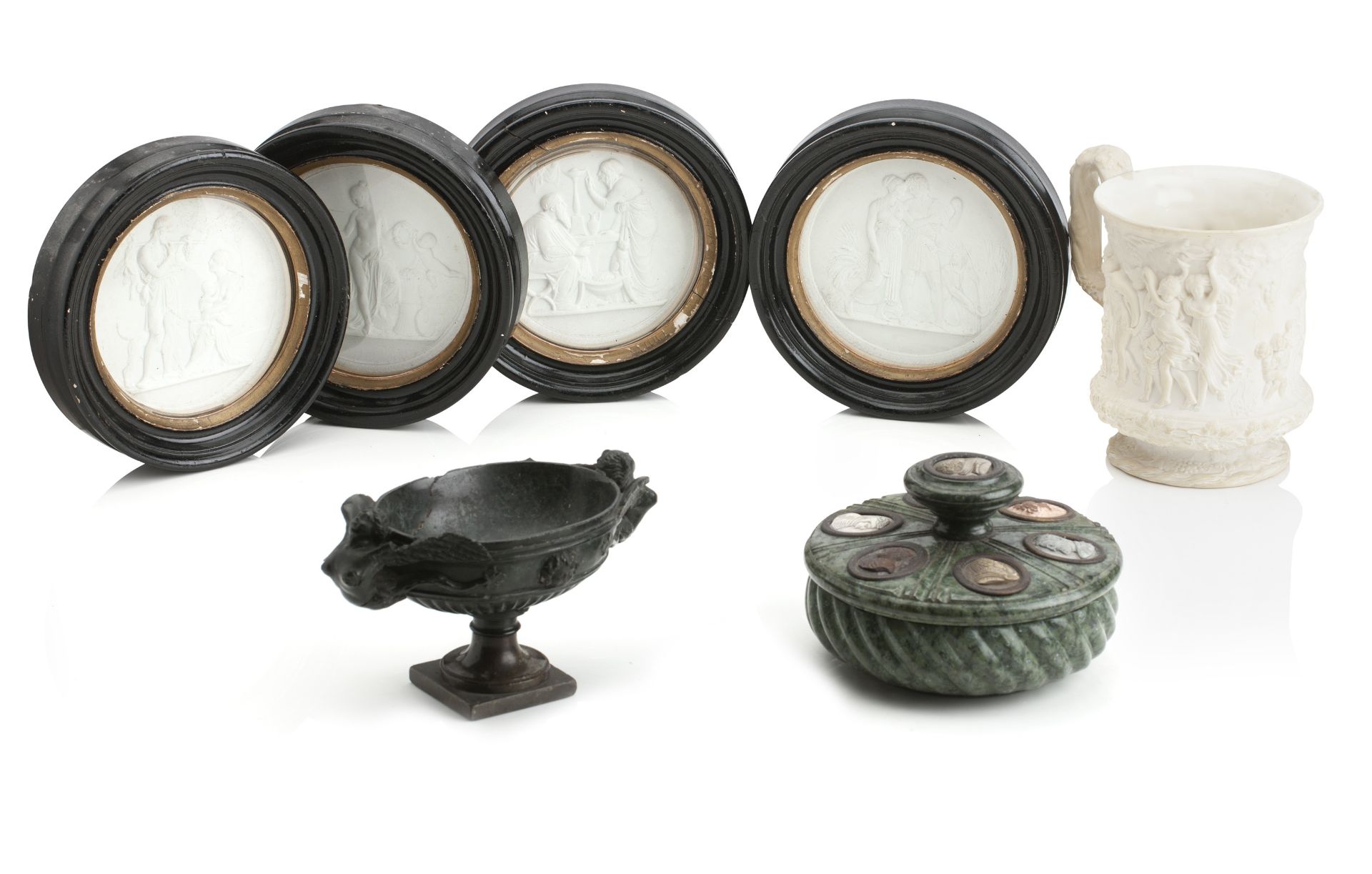 A 19TH CENTURY GRAND TOUR GREEN SERPENTINE INKWELL WITH LAVA STONE CAMEOS