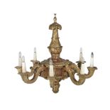 A large late 19th century Italian carved and giltwood and painted eight light chandelier