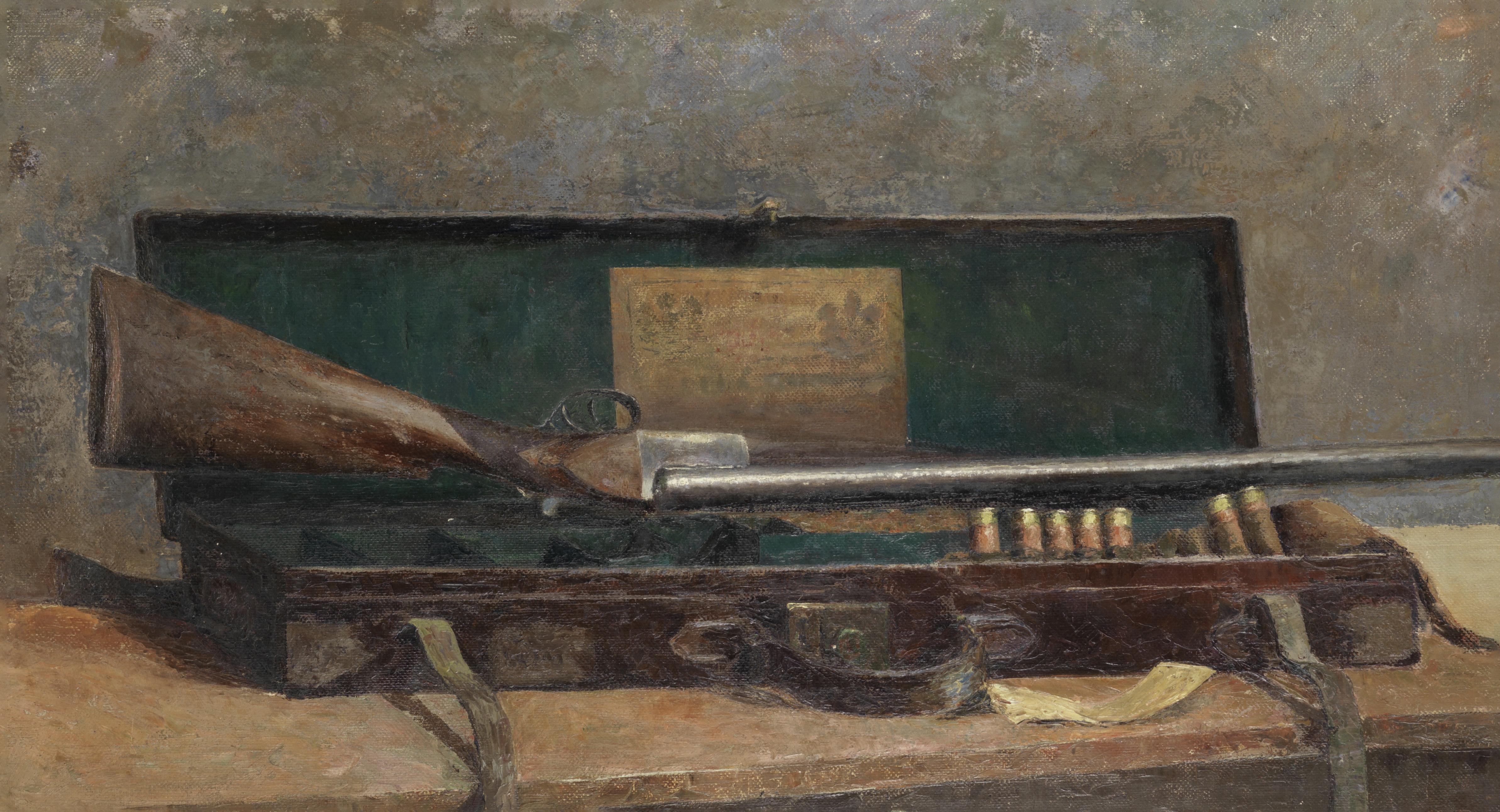 English School, 20th Century Still life with shotgun and case