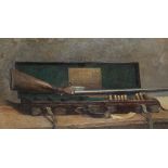 English School, 20th Century Still life with shotgun and case