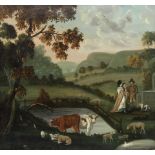 Follower of Edward Hicks (American, 1780-1849) Figures and livestock by a fountain in a landscape