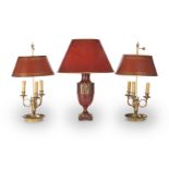 A pair of French gilt bronze and tole peinte three light bouillotte lamps and shade together with...