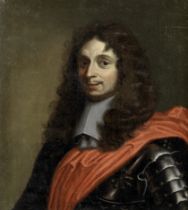 French School, 17th Century Portrait of a gentleman, half-length, in armour with a red sash