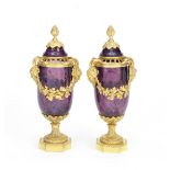 A pair of French gilt bronze mounted and crackled amethyst-coloured glass pot potpourri garniture...