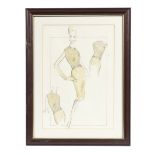 A set of seven framed pencil and gouache fashion illustrations by Norman Hartnell, circa early 19...
