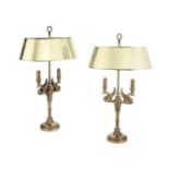 A patinated bronze and polished brass twin light table lamps in the Empire style, probably 1960's...