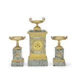 A late 19th century French gilt bronze and variegated green marble clock garniture in the Empire...