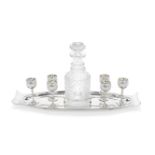 An Art Deco silver six-cup and cut-glass liqueur set stand Hukin & Heath Ltd, Birmingham 1927, li...