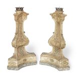 A pair of impressive 18th century Italian carved, painted and giltwood floor-standing alter candl...