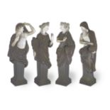 A set of four 20th century carved white marble and variegated composition stone term figures of t...