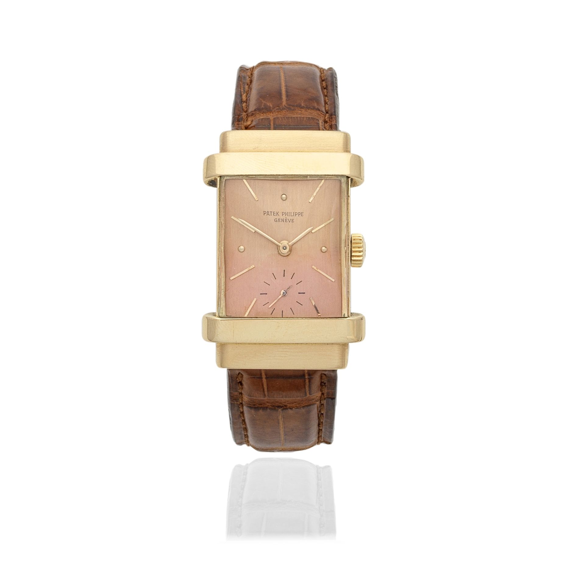 Patek Philippe. An 18K rose gold manual wind rectangular wristwatch with hooded lugs Top Hat, Re...