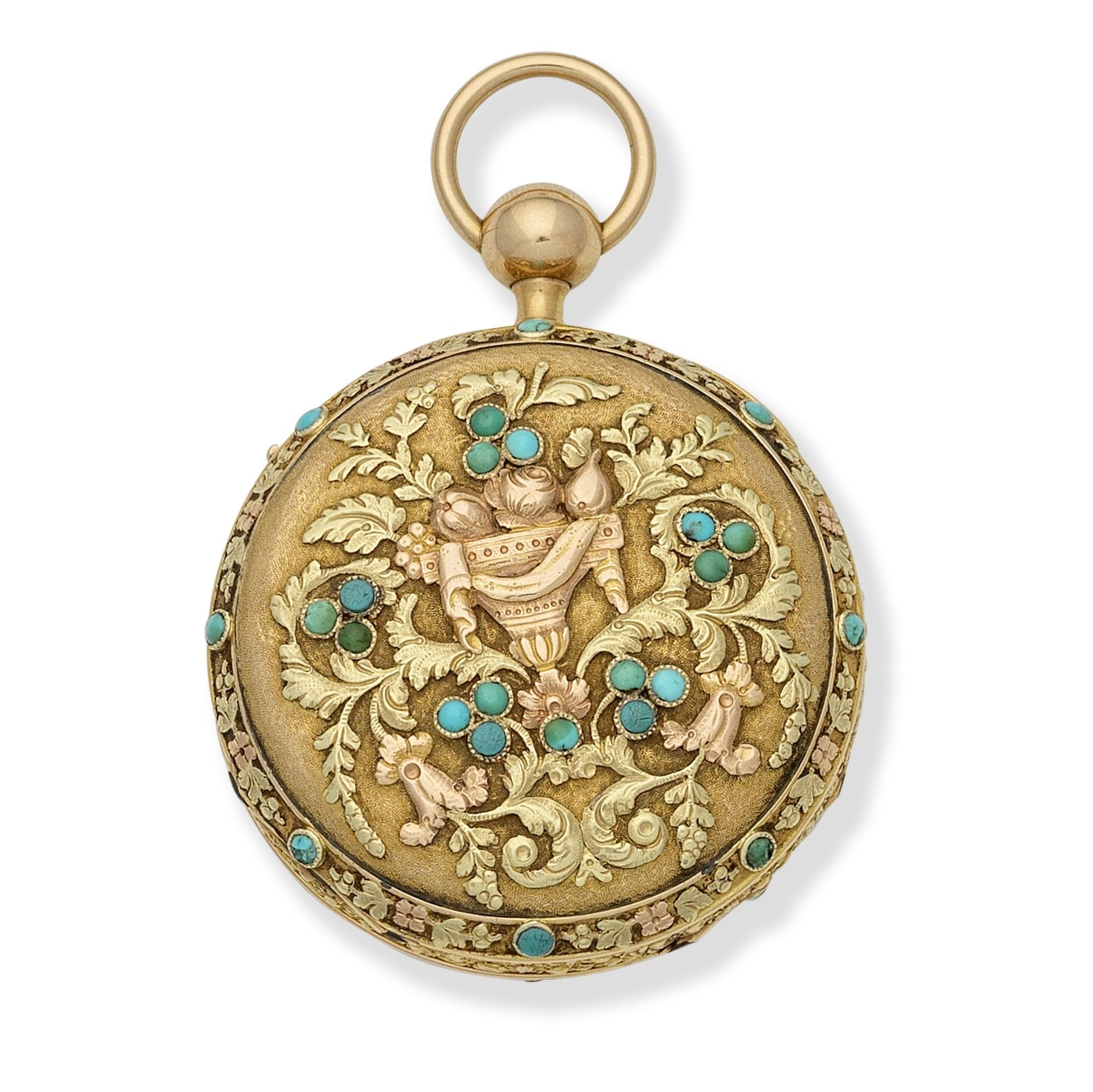 Roberts. A continental gold and turquoise set key wind open face quarter repeating pocket watch C...