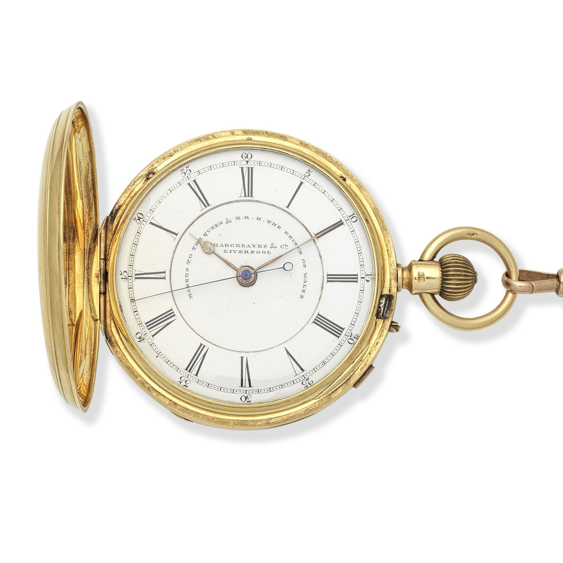 J. Hargreaves & Co, Liverpool. An 18K gold keyless wind full hunter pocket watch with stop/start ...