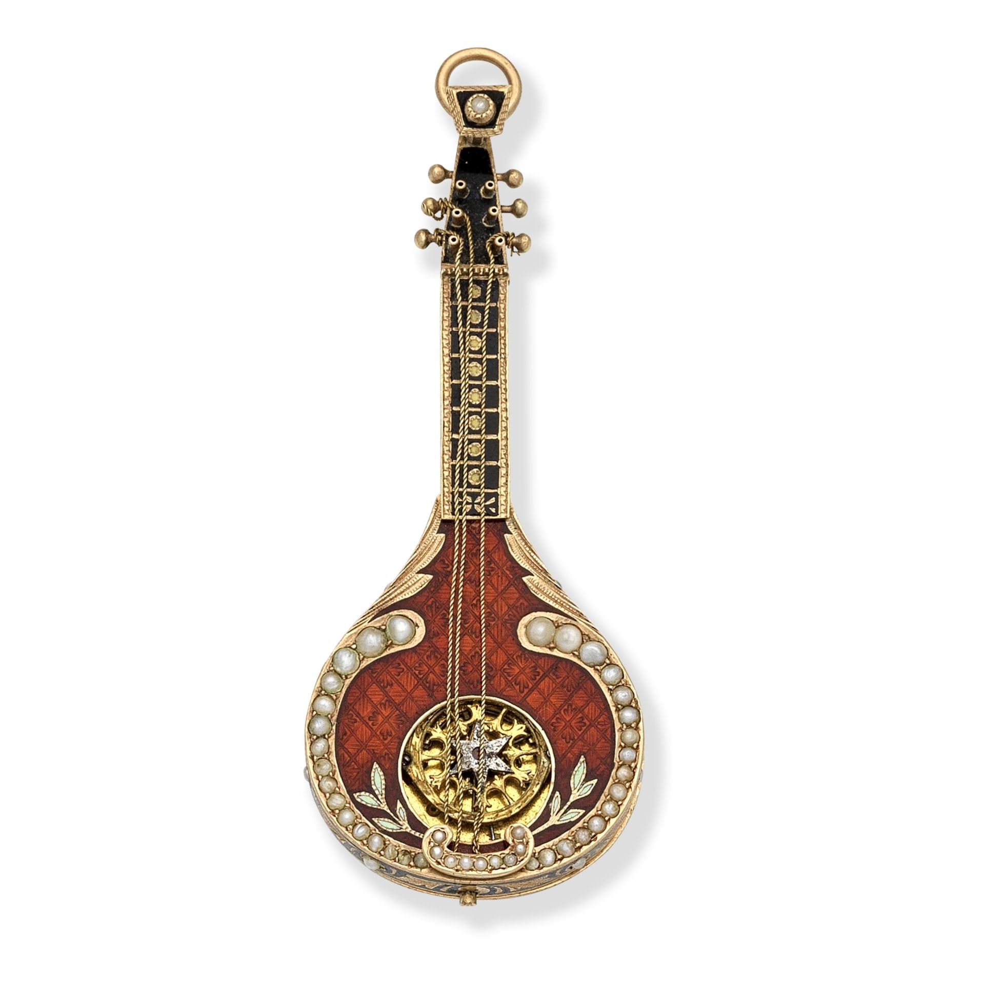 A rare gold, polychrome enamel and pearl time piece in the form of a mandolin with concealed watc...