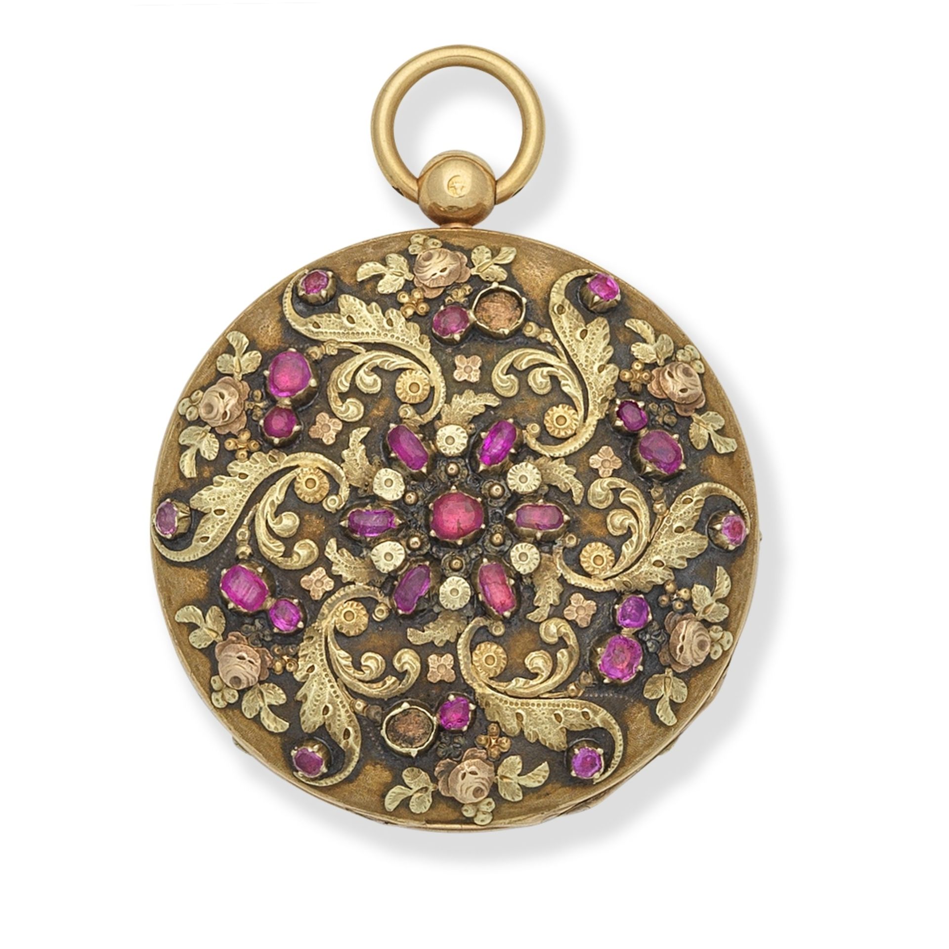 Gros, 65 Rue Dauphine, A Paris. A continental gold and ruby set key wind open face pocket watch C...