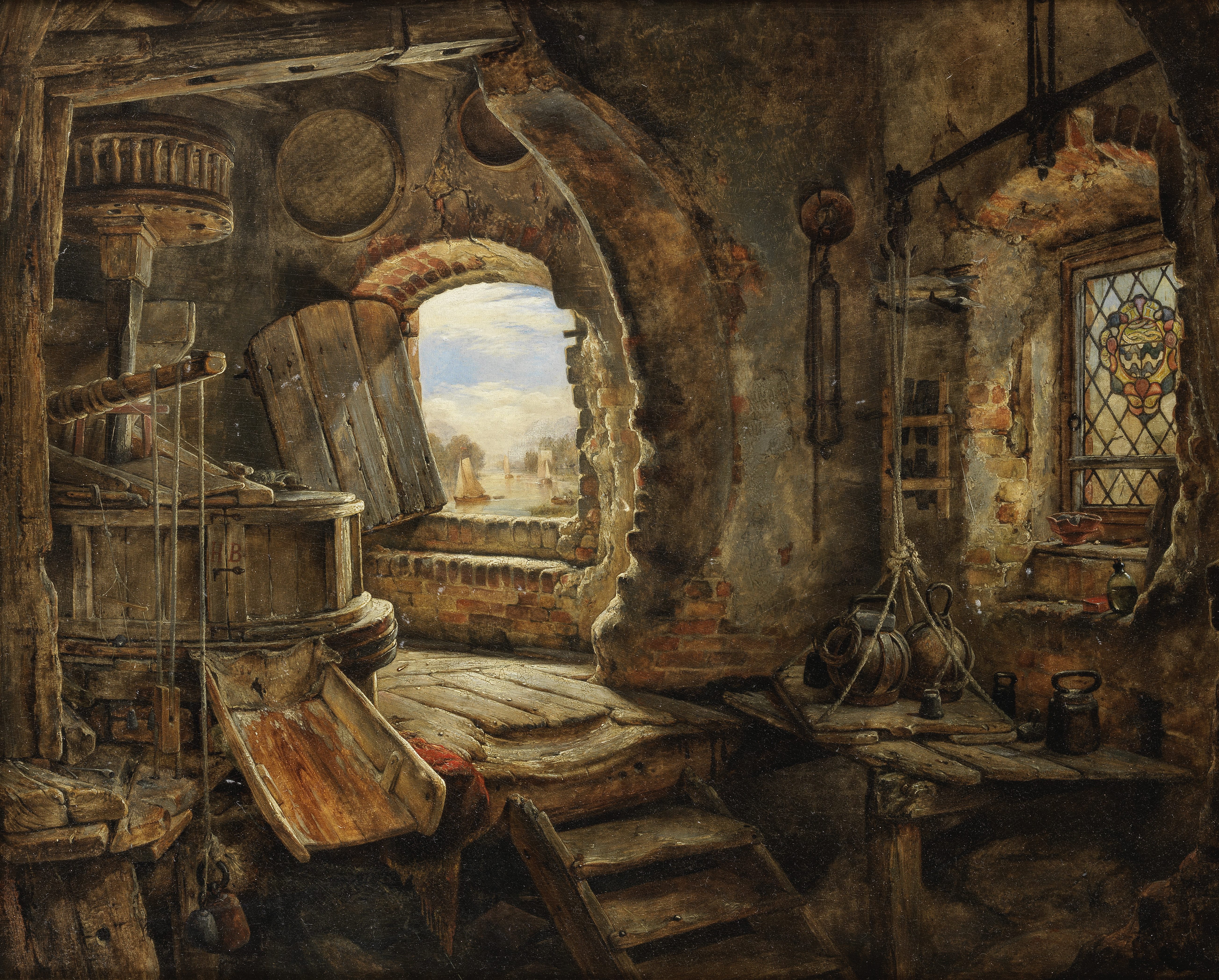 Edward William Cooke, RA (British, 1811-1880) The upper floor of Rembrandt's father's mill, Koukerk