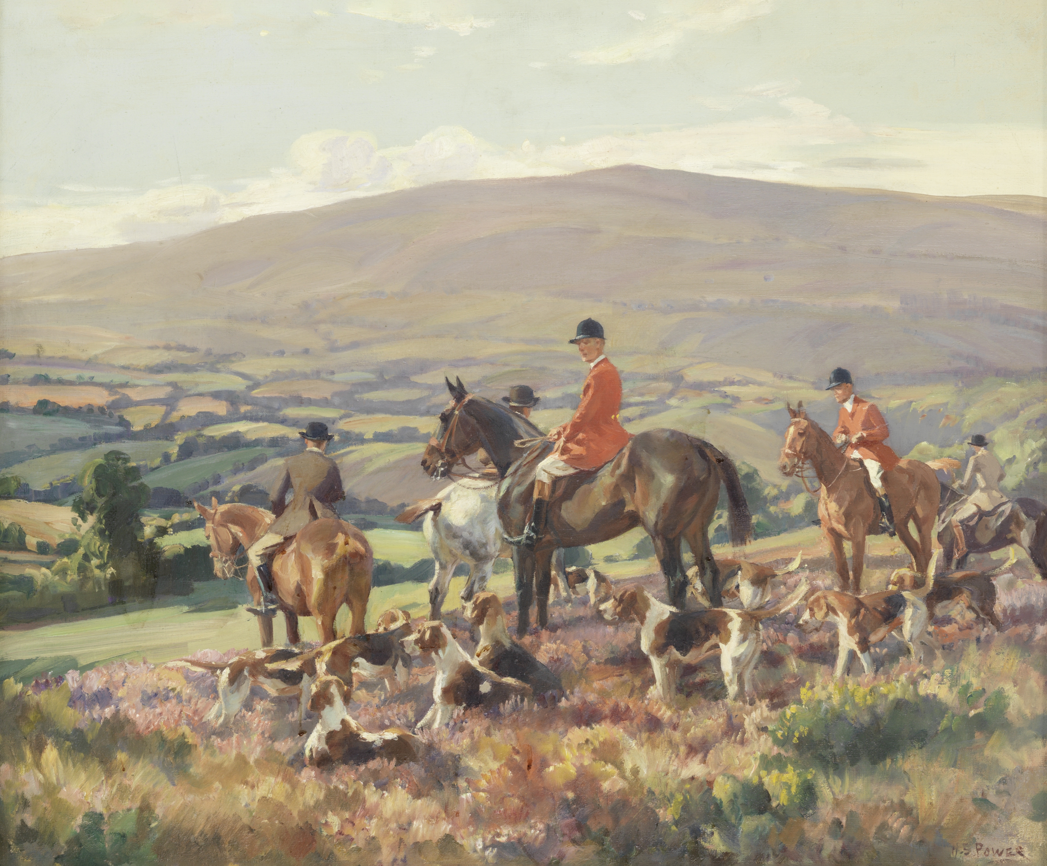 Harold Septimus Power (Australian, 1878-1951) Huntsmen and hounds on a heather moor