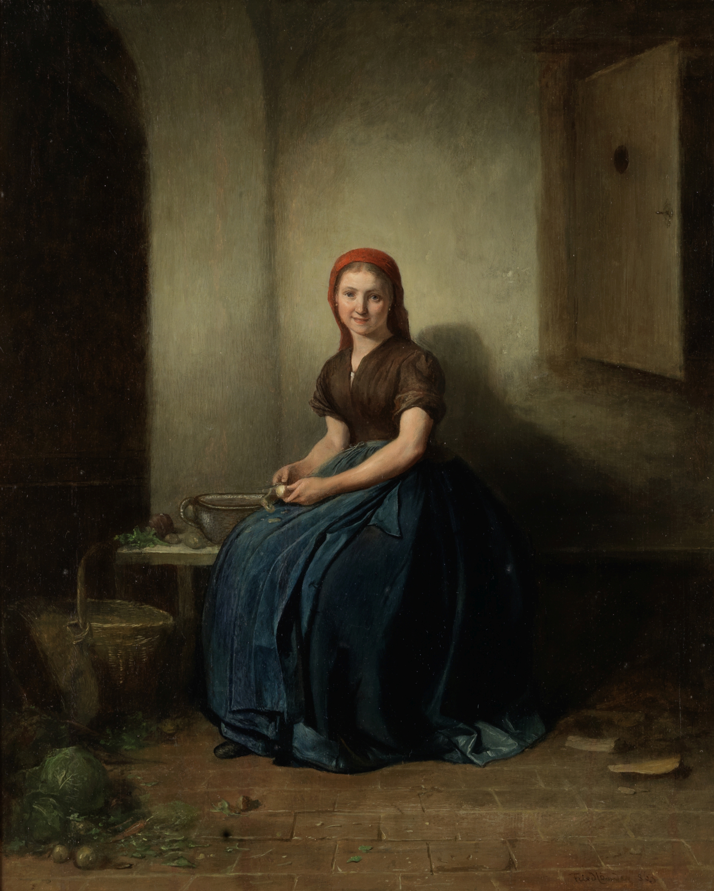 Friedrich Ritter von Malheim Friedl&#228;nder (Austrian, 1825-1901) Young lady peeling a potato