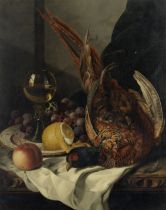 Edward Ladell (British, 1821-1886) Still life of a pheasant, a wine glass and fruit