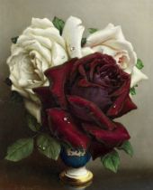 Irene Klestova (British, 1908-1989) Still life of roses in a porcelain vase