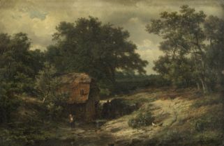 Jan Willem van Borselen (Dutch, 1825-1892) Landscape with a mill and figures crossing a stream