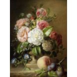 Adriana Johanna Haanen (Dutch, 1814-1895) A still life of flowers, plums and a peach