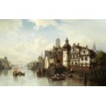Hermann Meyerheim (German, 19th Century) A bustling riverside town under a clearing sky