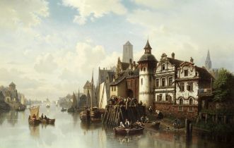 Hermann Meyerheim (German, 19th Century) A bustling riverside town under a clearing sky