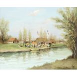 Marcel Dyf (French, 1899-1985) Guinguette au bord de la rivi&#232;re, Ile de France (Painted cir...