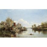 Samuel Bough RSA (British, 1822-1878) Loading river barges