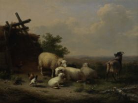 Eug&#232;ne Verboeckhoven (Belgian, 1799-1881) Sheep, goat and poultry by a shelter in a landscape