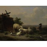 Eug&#232;ne Verboeckhoven (Belgian, 1799-1881) Sheep, goat and poultry by a shelter in a landscape